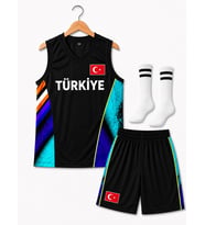 Siyah-Turkuaz Türkiye Armalı Çocuk Basketbol Forması Takımı 3 Parça Forma+Şort+Çorap