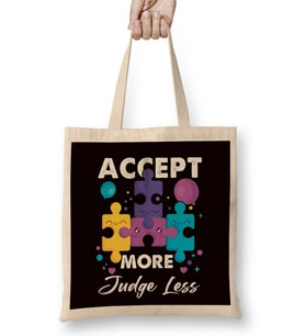 Accept More Judge Less Autism Awareness Support Puzzle Bez Çanta Uzun Saplı