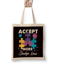 Accept More Judge Less Autism Awareness Support Puzzle Bez Çanta Uzun Saplı