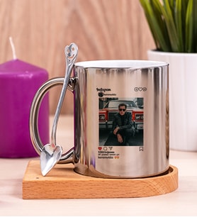 Kişiye Özel İnstagram Tasarım Fotoğraflı Ahşap Altlıklı Silver Kupa Bardak