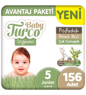 Baby Turco Doğadan 5 Beden Bebek Bezi Avantaj Paketi Pofuduk 78x2 156 Adet