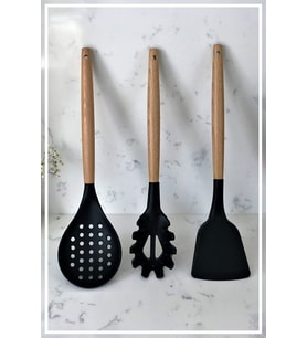 Bambu Saplı Silikon Spatula & Kevgir & Spagetti - Siyah