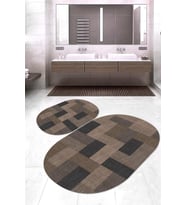 Dijital Baskılı Kaymaz Taban Yıkanabilir Oval 2'li Klozet Takımı Banyo Paspası NOKZ-SD-368 (Kahverengi)