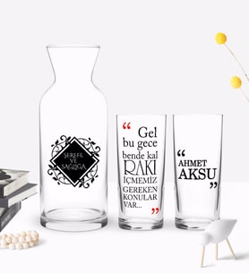 BK Gift Kişiye Özel Renkli Baskılı Gel Bu Gece Bende Kal Tasarımlı İkili Rakı Bardağı ve Karaf Hediye Seti-1 (Model 1)