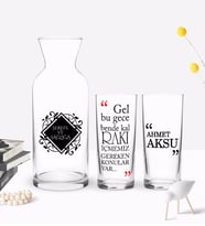 BK Gift Kişiye Özel Renkli Baskılı Gel Bu Gece Bende Kal Tasarımlı İkili Rakı Bardağı ve Karaf Hediye Seti-1 (Model 1)
