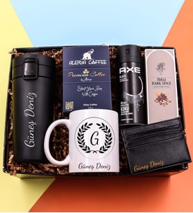 Kişiye Özel 350 ML Kilitli Siyah Çelik Termos & Siyah Kartlık & Çelenk Baskılı Kupa & Erkek Deodorant & Rebul Kolonya & Alerya Premium Filtre Kahve Hediye Seti