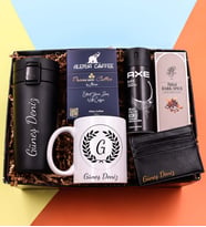 Kişiye Özel 350 ML Kilitli Siyah Çelik Termos & Siyah Kartlık & Çelenk Baskılı Kupa & Erkek Deodorant & Rebul Kolonya & Alerya Premium Filtre Kahve Hediye Seti