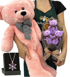 Premium Hediye Seti - Ametist Taşlı Lotus Kolye, 3'lü Ayıcık Buketi ve Pembe Peluş Ayıcık (Model 4)