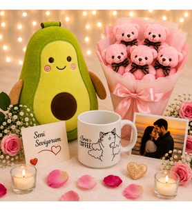 Kahve Severlere Özel Peluş Ayıcık Love Coffee Kupa, Avokado Peluş ve Fotoğraf