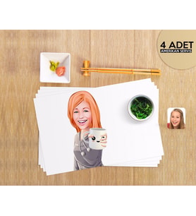 BK Gift Kişiye Özel Kadın Karikatürlü 4 Adet Amerikan Servis Seti-104 (Beyaz)