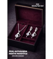 925 Ayar Damgalı Gümüş Kaplama  Tektaş Görünümlü Kalp Tasarım Kolye Küpe Takı Seti (Silver)