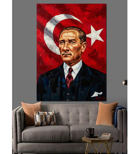 Türk Bayrağı Önünde Atatürk Portresi Dekoratif Kanvas - Mdf Ahşap Tablo