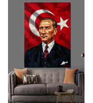Türk Bayrağı Önünde Atatürk Portresi Dekoratif Kanvas - Mdf Ahşap Tablo