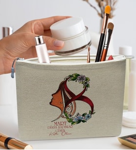 BK Gift Kadınlar Günü Tasarımlı Keten Makyaj Çantası-1, Kadınlar Günü Hediyesi, 8 Mart, Anneye Hediye