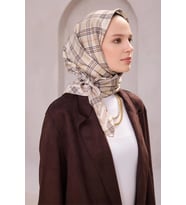 Ekose Desen İpek Twill Eşarp 4218D01 (Vizon)