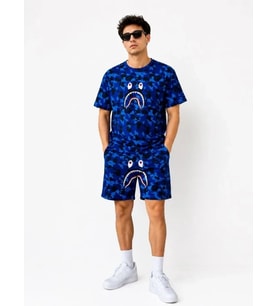 Erkek Oversize Kalıp Pubg Bape X Shark Nakışlı Cepli Şort Takım - Mavi