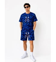 Erkek Oversize Kalıp Pubg Bape X Shark Nakışlı Cepli Şort Takım - Mavi