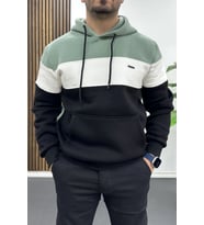Erkek Slim Fit Renk Bloklu Kapüşonlu Sweatshirt Açık Yeşil Edw438