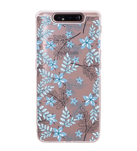 Samsung Galaxy A80  Kamera Korumalı  Kapak Floral Mavi Tasarımlı  Şeffaf Kılıf