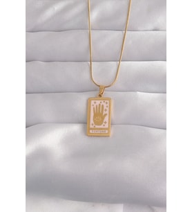 316L Çelik Gold Renk Pembe Mineli El Figür Tarot Kolye 5886 - HPSBYI8812-5302