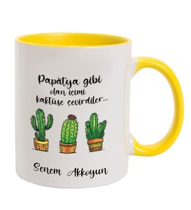İsme Özel Sarı Kulplu Kupa Bardak - Kaktüs (Sarı-Beyaz)