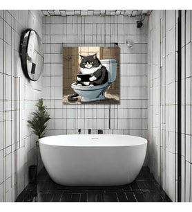 Tekli Kare Kanvas Banyo Tablosu Tabletle Oynayan Smokin Kedi