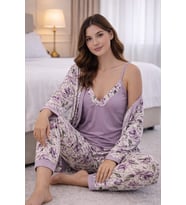 Kadın 3346 3'lü Viscon Sabahlık Pijama Takımı
