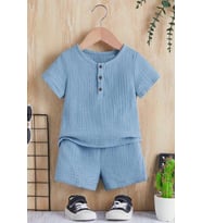 Unisex Bebek Çocuk %100 Pamuklu Düğmeli Müslin 2'li Yazlık Şortlu Takım - Mavi