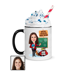 Kadın Sosyal Bilgiler Öğretmenine Hediye Karikatürlü Siyah Kupa Bardak