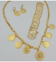 Altın Kaplama Kadın 60 cm Halep Arpa Zincir Çeyrek Ve Yarım Altınlı Üçlü Set
