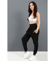 Yüksek Bel Cepli Jogger Pantolon - Siyah