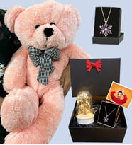Kişiye Özel Premium Hediye Seti - Büyük Boy Pembe Peluş Ayıcık ve Fotoğraflı Hediye Kutusu (Model 6)