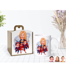BK Gift Kişiye Özel Ahşap Kutuda Anneler Günü Temalı Süper Anne ve Çocuklar Karikatürlü Beyaz Kupa Bardak-1