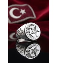 Bismillah ve Kelime-i Tevhid Yazlı Ay Yıldızlı 925 Ayar Gümüş Yüzük 903126