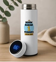 BK Gift Kişiye Özel Babalar Günü Tasarımlı Filtreli Dijital Göstergeli Beyaz Çelik Termos-10, Babaya Hediye, Babalar Günü Hediyesi