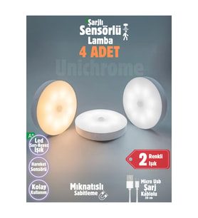 4'lü Renkli Hareket Sensörlü USB Şarjlı LED Dolap İçi Gece Lambası (Krem)