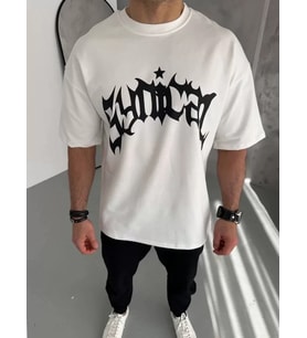 pilelistore- Unisex Bisiklet Yaka Baskılı Oversize T-Shirt - Beyaz