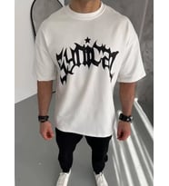 pilelistore- Unisex Bisiklet Yaka Baskılı Oversize T-Shirt - Beyaz