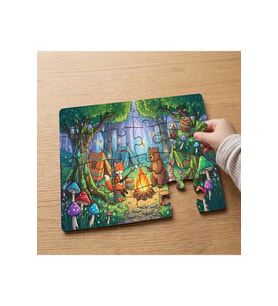 Sihirli Ormanda Kamp Yapan Hayvanlar Tasarımlı 24 Parça Ahşap Çocuk Puzzle