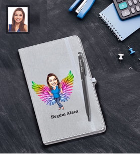 Kişiye Özel Melek Anne Karikatürlü Gri Defter Kalem Hediye Seti Model-2