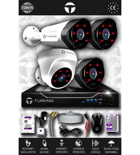 TURKNO 4 Kameralı Galia 1 İç Kamera Set 2 TB HDD Full HD Gece Görüşlü Güvenlik Kamerası Sistemi