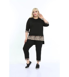Kadın Büyük Beden Alt Leopar Desenli Siyah Kapri Eşofman Takımı