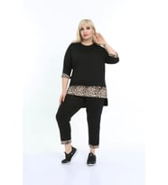 Kadın Büyük Beden Alt Leopar Desenli Siyah Kapri Eşofman Takımı