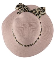 Leopard Model Kadın Hasır Fötr Fiyonklu Yazlık Plaj Şapka (Pembe)