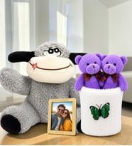 Kişiye Özel Fotoğraflı Peluş Eşek ve Peluş Saksıda Ayıcık Buketi Sevgiliye Hediye Seti