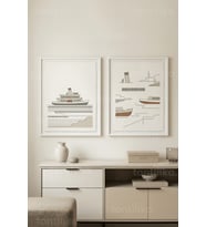Modern Minimalist Deniz ve Gemi Temalı 2’li Ahşap Çerçeveli Tablo Seti