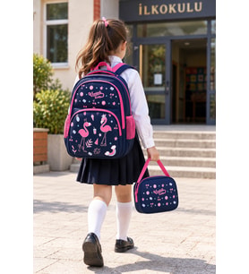 Pembe Flamingo 2'li Set İlkokul Okul Çantası Beslenme Çantası Çocuk Sırt Çantası 37 x 26 x 20