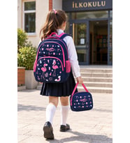 Pembe Flamingo 2'li Set İlkokul Okul Çantası Beslenme Çantası Çocuk Sırt Çantası 37 x 26 x 20