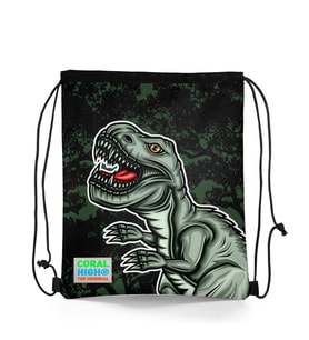 Coral High Kids Koyu Yeşil Siyah Dinozor Desenli İpli Büzgülü Sırt Çantası 22475