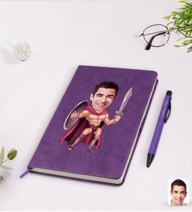 BK Gift Kişiye Özel Spartalı Karikatürlü Mor Termo Deri Defter Kalem Seti Model 1